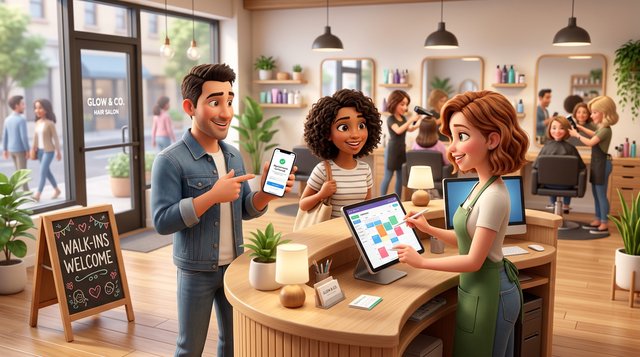 A hair stylist at the front desk of a bright American salon adds a waiting walk-in client to the tablet calendar while another client reads the walk-in sign by the door