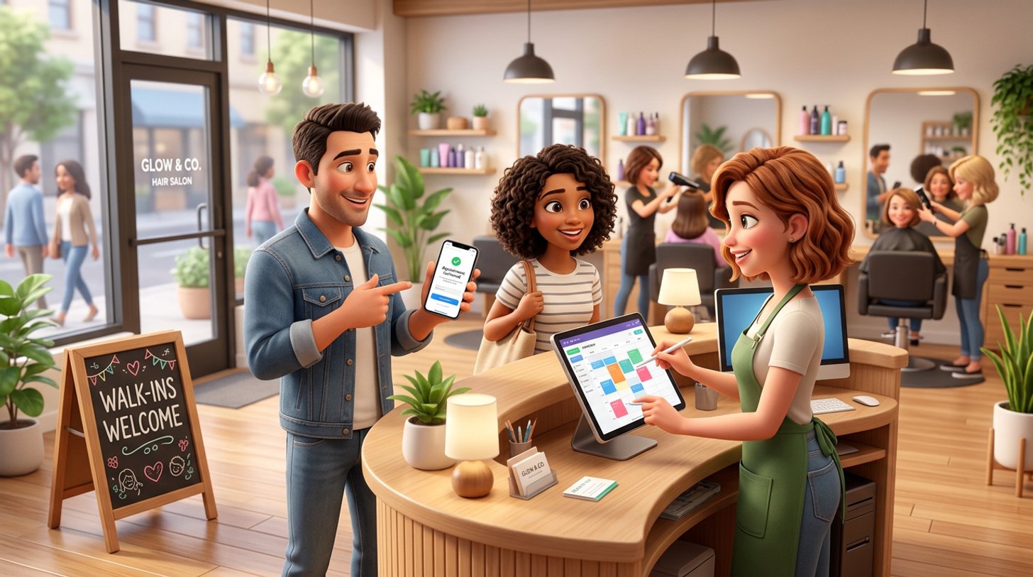 A hair stylist at the front desk of a bright American salon adds a waiting walk-in client to the tablet calendar while another client reads the walk-in sign by the door