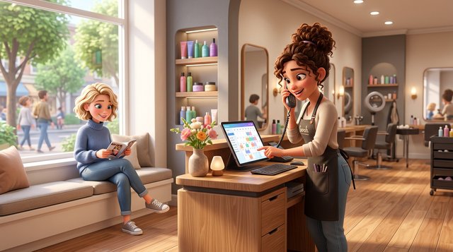 A hairdresser at the reception desk takes a phone booking on a tablet calendar while a walk-in client waits on a bench by the salon window