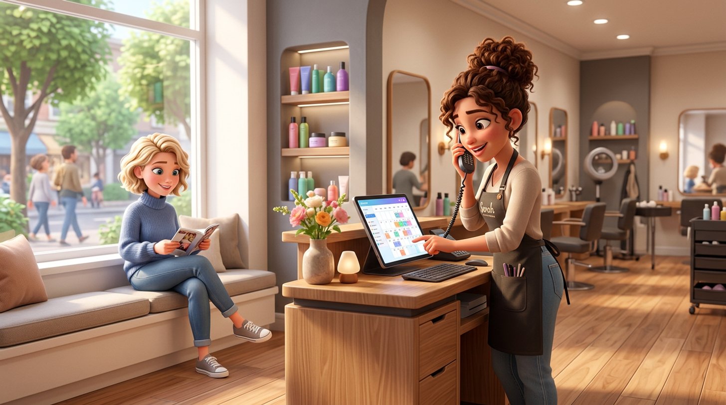 A hairdresser at the reception desk takes a phone booking on a tablet calendar while a walk-in client waits on a bench by the salon window