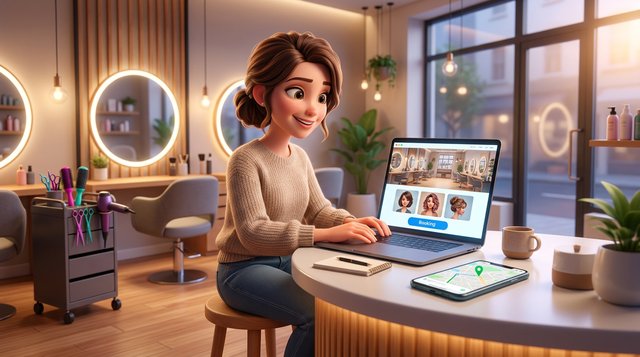 Friseursalon-Inhaberin baut nach Ladenschluss am Empfangstresen auf dem Laptop die Website ihres Salons zusammen, daneben ein Smartphone mit Kartenansicht