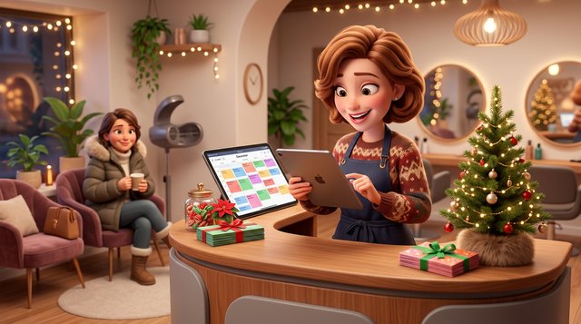 Festlich geschmückter Friseursalon im Dezember: eine Friseurin prüft einen voll gebuchten Terminkalender auf dem Tablet, im Hintergrund wartet eine Kundin am Weihnachtsbaum