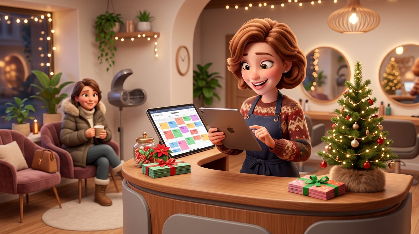 Festlich geschmückter Friseursalon im Dezember: eine Friseurin prüft einen voll gebuchten Terminkalender auf dem Tablet, im Hintergrund wartet eine Kundin am Weihnachtsbaum