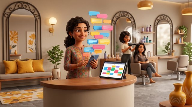 An Indian hair salon owner at her reception desk holds a phone overflowing with chat bubbles while the tablet beside her shows a tidy colour-coded booking calendar