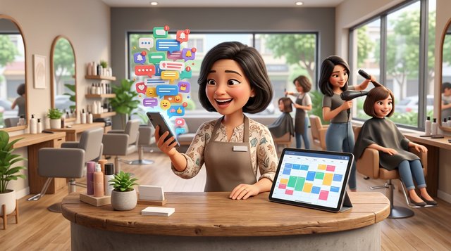 A Malaysian salon owner at her shoplot front desk holds a phone crowded with chat bubbles while the tablet beside her shows a tidy colour-coded booking calendar