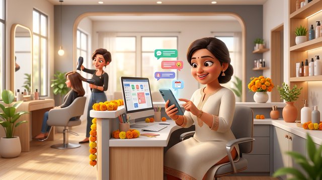 An Indian salon owner sets up automatic replies on a smartphone at her reception desk while chat bubbles float above the screen and a stylist works behind her
