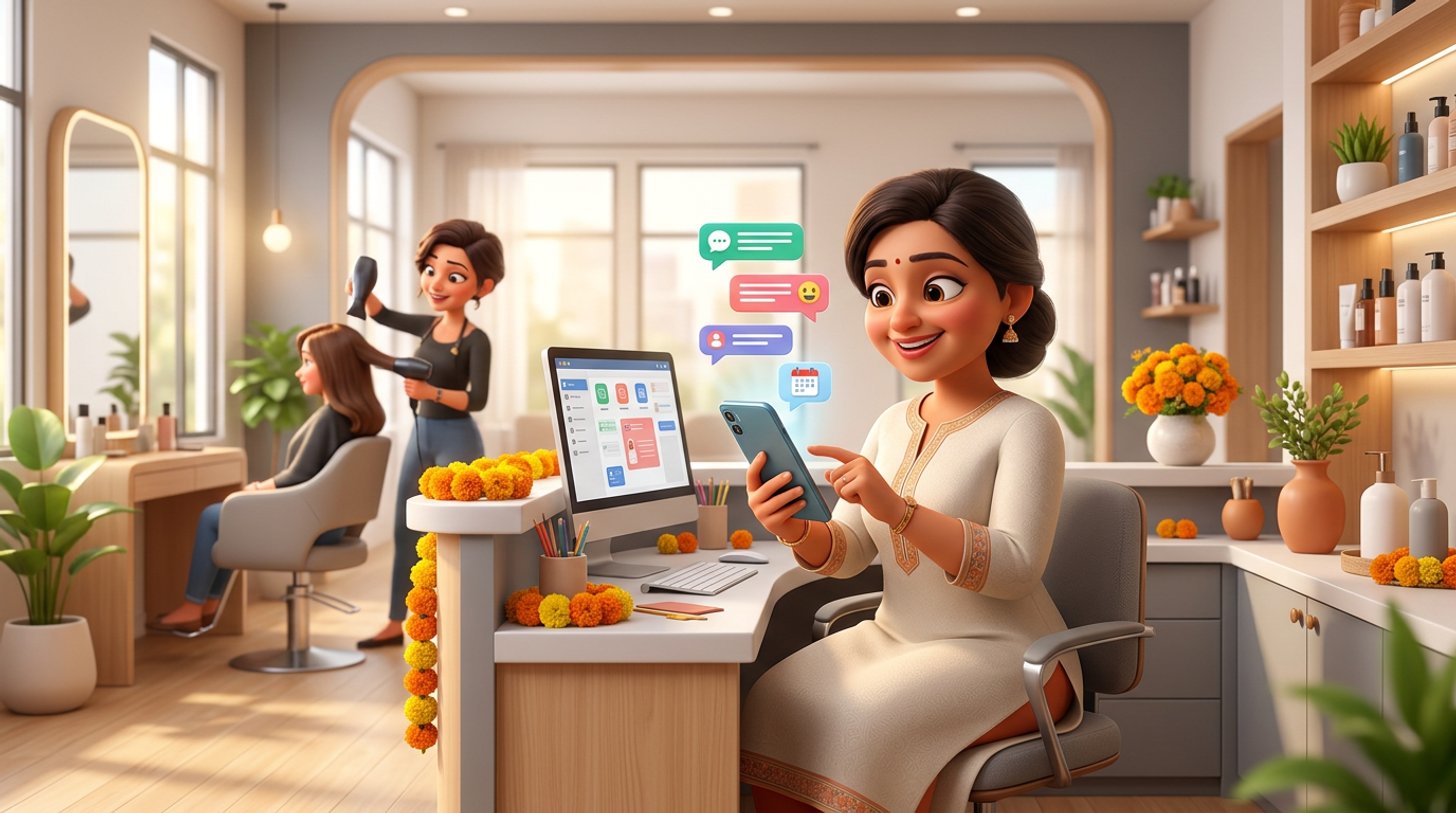 An Indian salon owner sets up automatic replies on a smartphone at her reception desk while chat bubbles float above the screen and a stylist works behind her
