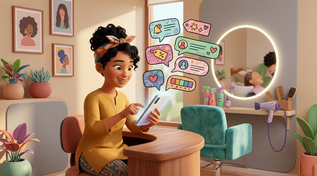 A Malaysian salon owner configures automatic replies on a large smartphone at her reception desk, colourful chat bubbles floating above the screen