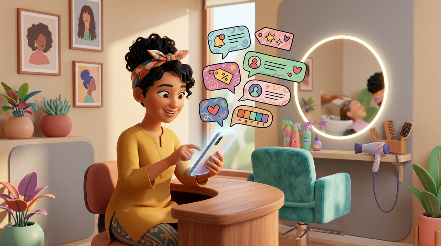 A Malaysian salon owner configures automatic replies on a large smartphone at her reception desk, colourful chat bubbles floating above the screen