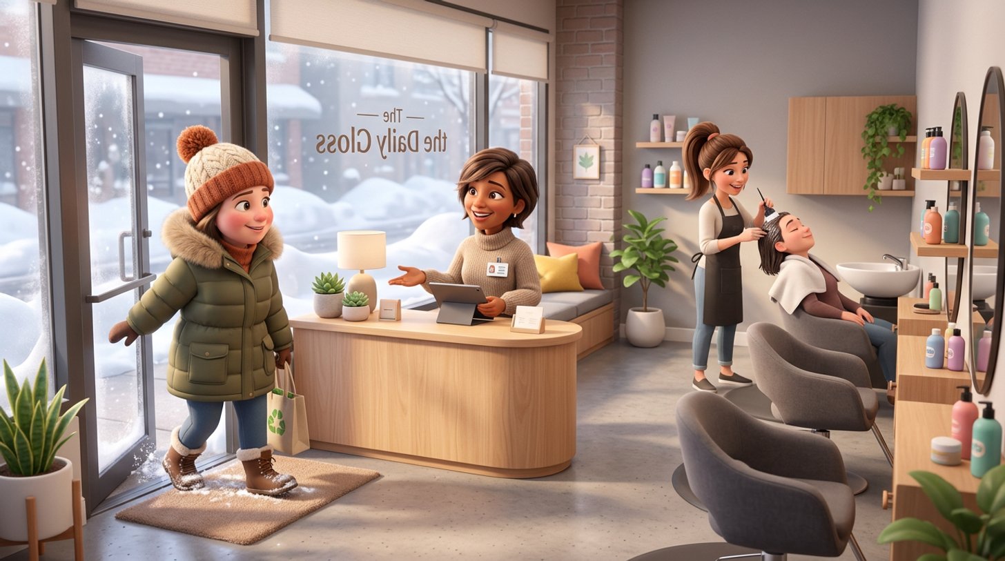 A client in a knitted toque and winter parka arrives in a calm Canadian hair salon on a snowy morning, welcomed by the owner while a stylist finishes a gloss on the only other client