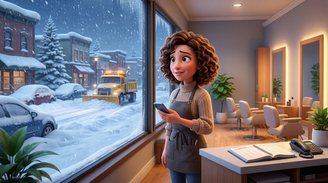 A hair salon owner watches a heavy snowstorm through her salon window, phone in hand, with empty styling chairs and an open appointment calendar behind her