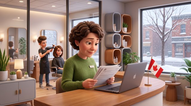 A Canadian hair salon owner at her reception desk reviews registration paperwork on a laptop while a stylist works on a client behind her, a small Canadian flag beside the keyboard