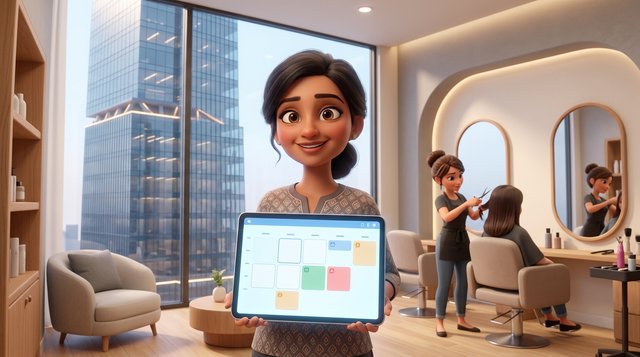 Illustration of an Indian hair salon owner comparing booking software on a tablet in her small two-chair salon, a corporate tower visible through the window behind her while a stylist cuts a client's hair