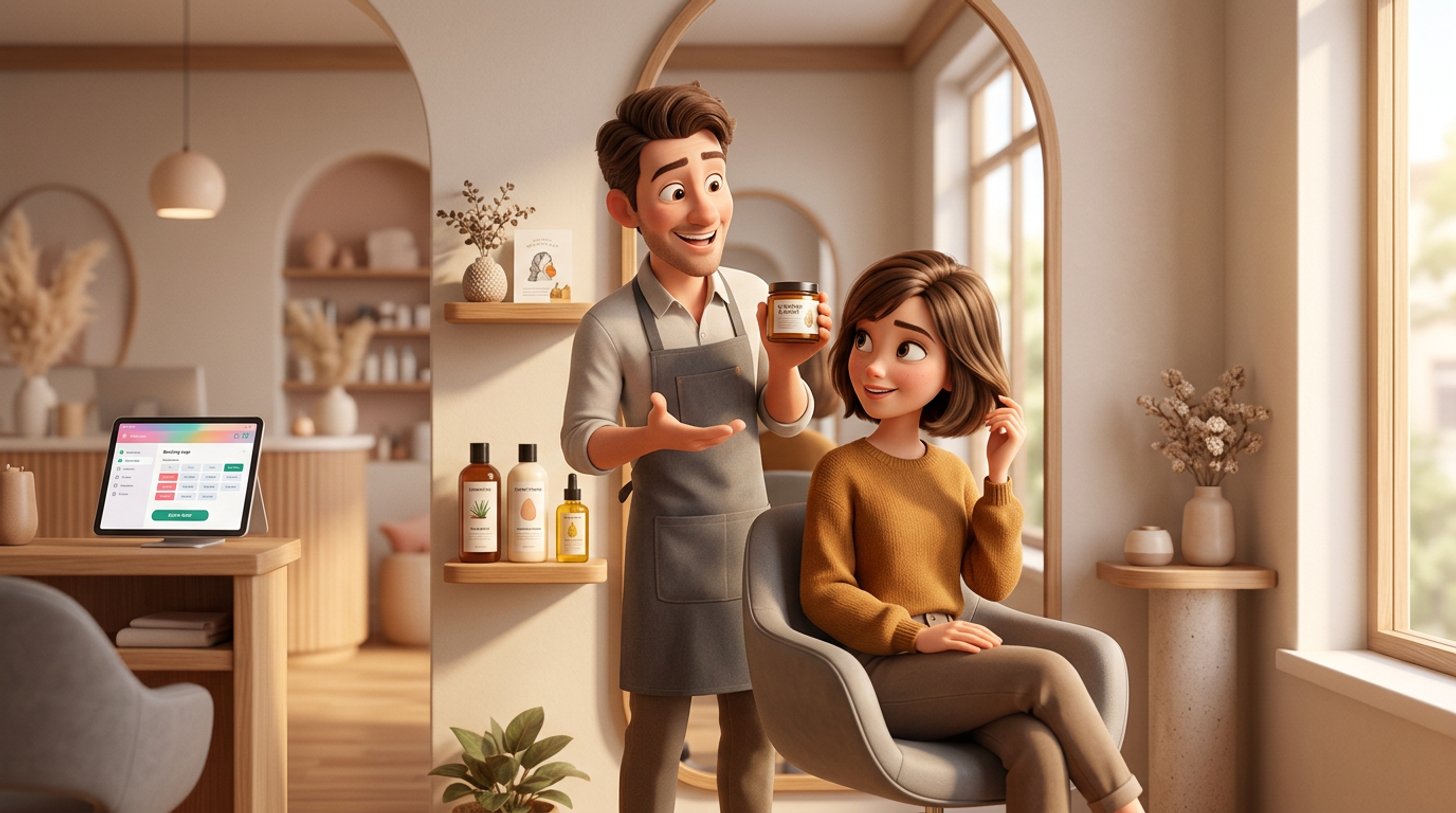 Friseurin zeigt einer Kundin am Stuhl ein kleines Glas Haarkur, neben dem Spiegel stehen drei Pflegeprodukte und eine Karte mit Zusatzleistungen